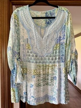 John Mark Light Blue & Green Embroidered Patchwork Tunic